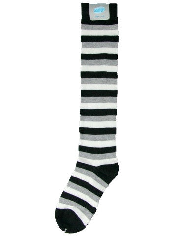 Ladies knee-high socks, size 2-8, BLACK-WHITE-GREY stripe