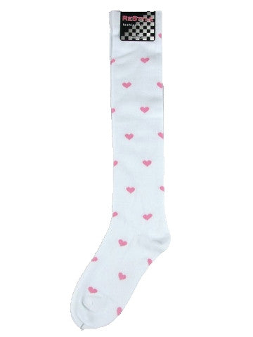 Ladies knee-high socks, size 2-8, WHITE-PINK HEARTS