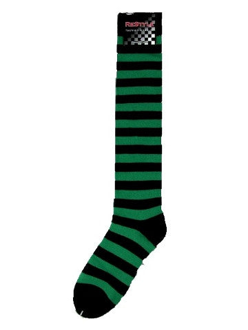Ladies knee-high socks, size 2-8, BLACK-GREEN thick stripe