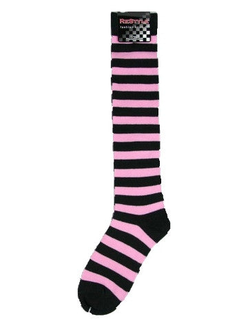 Ladies knee-high socks, size 2-8, BLACK-PINK thick stripe