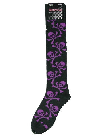 Ladies knee-high socks, size 2-8, BLACK-PURPLE SKULLS