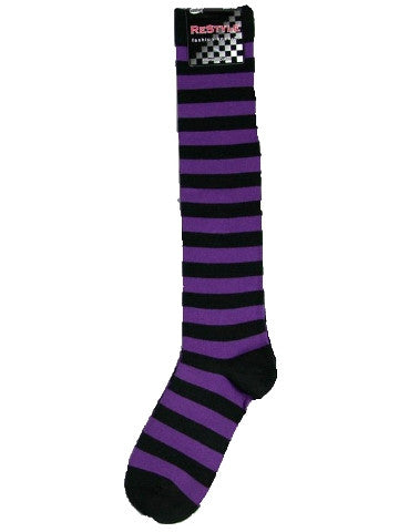 Ladies knee-high socks, size 2-8, BLACK-PURPLE thick stripe