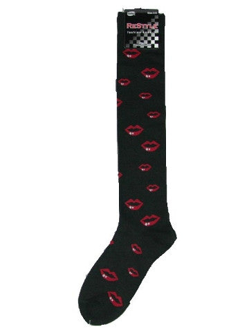 Ladies knee-high socks, size 2-8, BLACK-RED KISSES