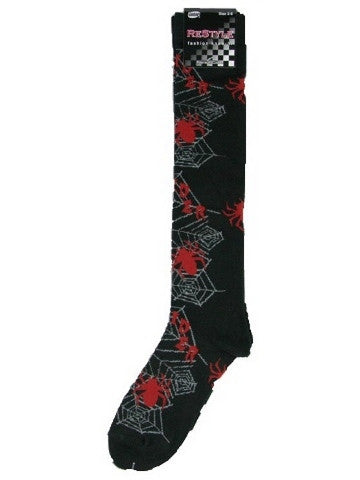 Ladies knee-high socks, size 2-8, BLACK-RED SPIDERS