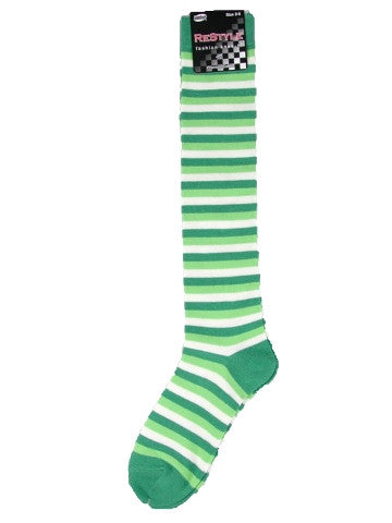Ladies knee-high socks, size 2-8, GREEN-WHITE-LIME stripe