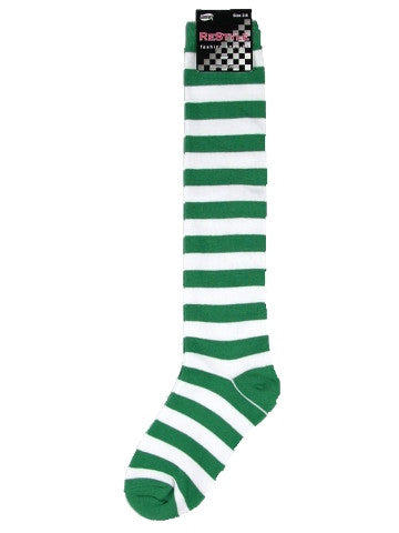 Ladies knee-high socks, size 2-8, GREEN-WHITE thick stripe