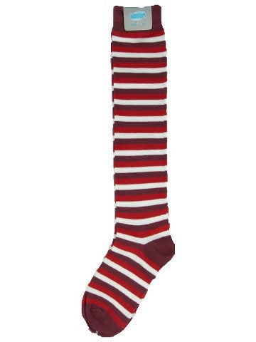 Ladies knee-high socks, size 2-8, MAROON-WHITE-RED stripe
