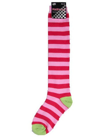 Ladies knee-high socks, size 2-8, PINK-RED thick stripe