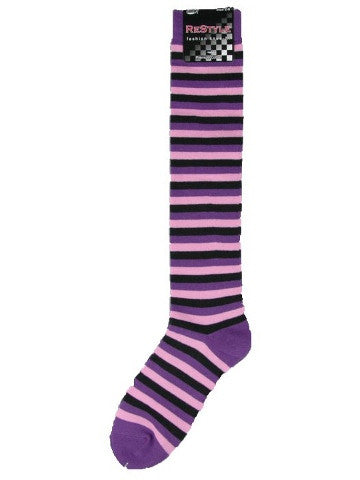 Ladies knee-high socks, size 2-8, PURPLE-BLACK-PINK stripe