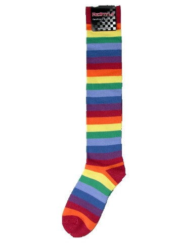 Ladies knee-high socks, size 2-8, RAINBOW thick stripe