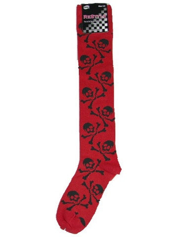 Ladies knee-high socks, size 2-8, RED-BLACK SKULLS