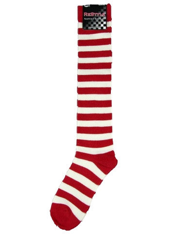 Ladies knee-high socks, size 2-8, RED-WHITE thick stripe