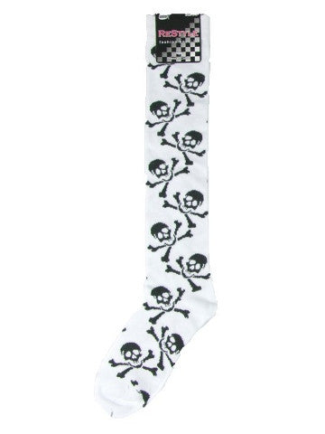 Ladies knee-high socks, size 2-8, WHITE-BLACK SKULLS