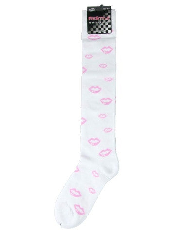 Ladies knee-high socks, size 2-8, WHITE-PINK KISSES