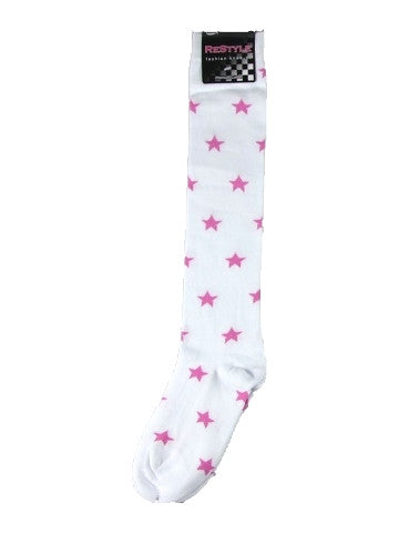 Ladies knee-high socks, size 2-8, WHITE-PINK STARS