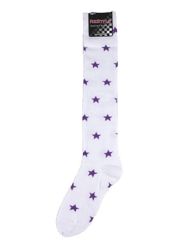 Ladies knee-high socks, size 2-8, WHITE-PURPLE STARS