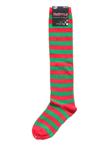 Ladies knee-high socks, size 2-8, RED-GREEN thick stripe